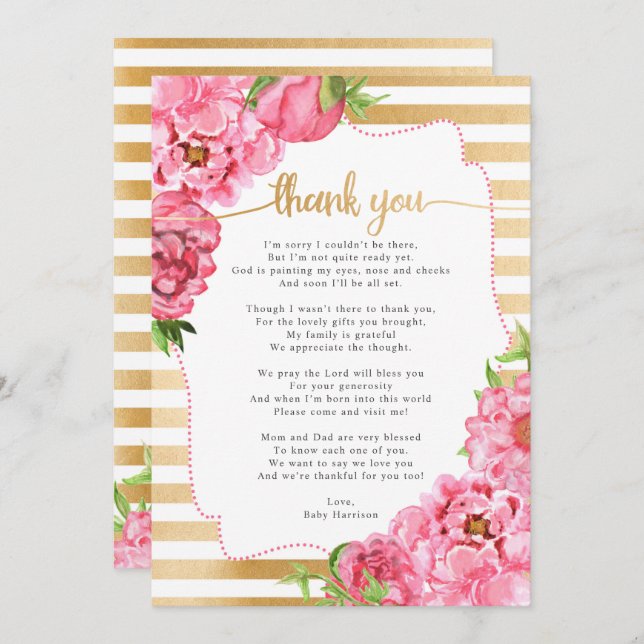 Invitation Baby shower Pink Gold Peonies merci note (Devant / Derrière)