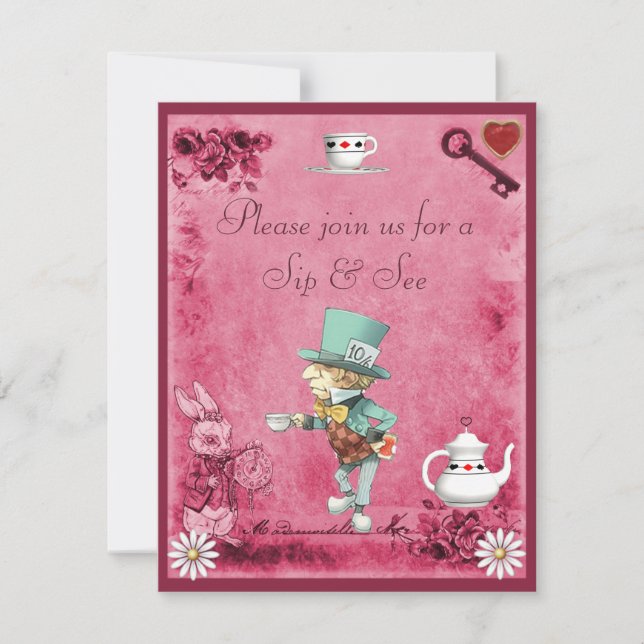 Invitation Baby shower Pink Mad Hatter Sip & See (Devant)