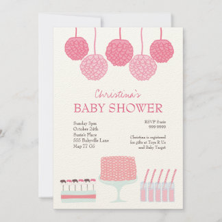 Invitation Baby shower Pink Party Ruffle Cake Pom Poms Invita