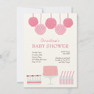 Invitation Baby shower Pink Party Ruffle Cake Pom Poms Invita
