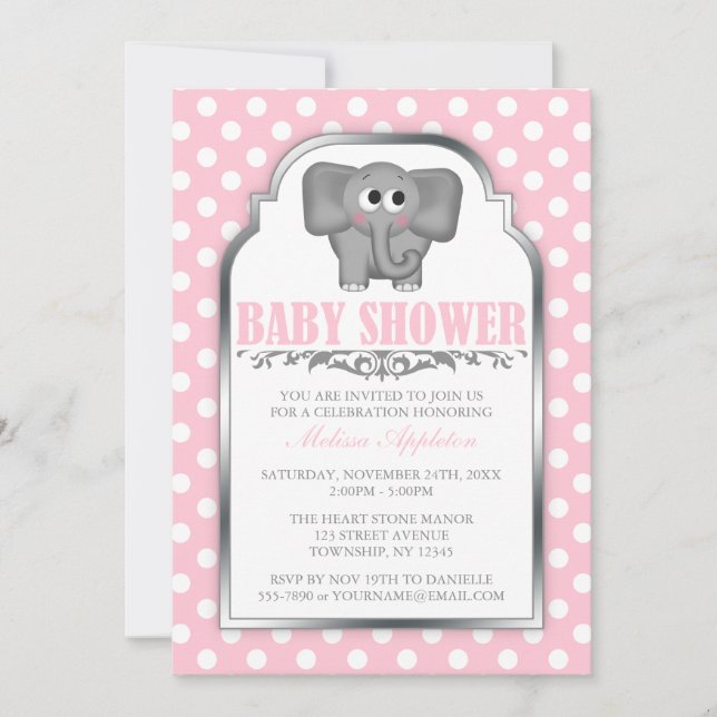 Invitation Baby shower Pink Polka Dot, un joli éléphant (Devant)