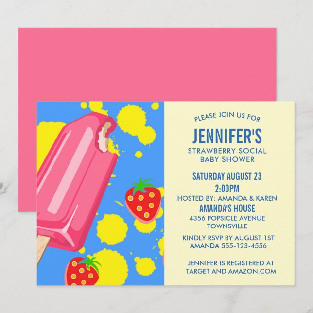 Invitation Baby Shower Pink Popsicle Strawberry Social (Devant / Derrière)