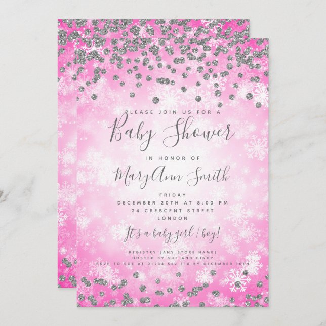 Invitation Baby shower Pink Silver Parties scintillant Winter (Devant / Derrière)