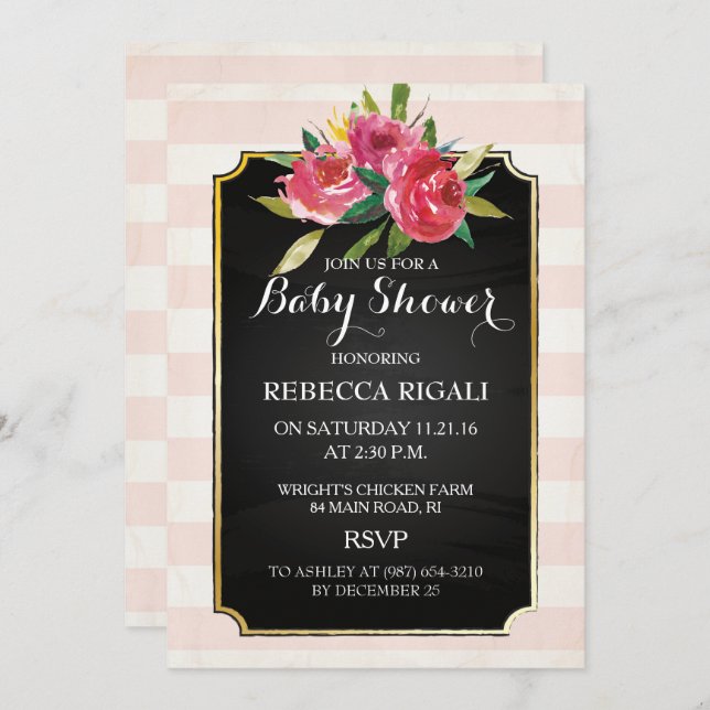 Invitation baby shower - Pink Stripes Floral (Devant / Derrière)