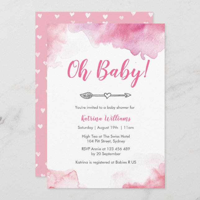 Invitation Baby shower Pink watercolor boho flèche (Devant / Derrière)