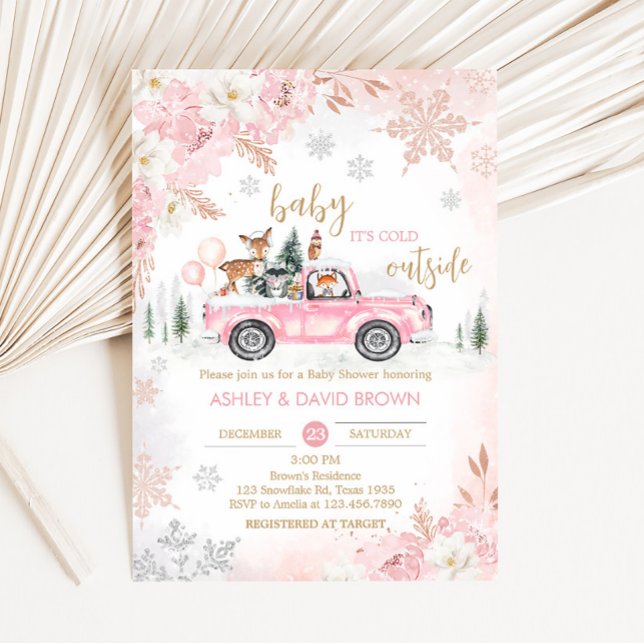 Invitation Baby shower Pink Winter Woodland Truck (Pink Baby It's Cold Outside Baby Shower Invitation)