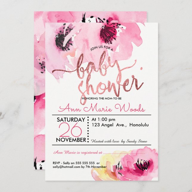 Invitation Baby shower PixDezines Aquarelle rose Roses (Devant / Derrière)