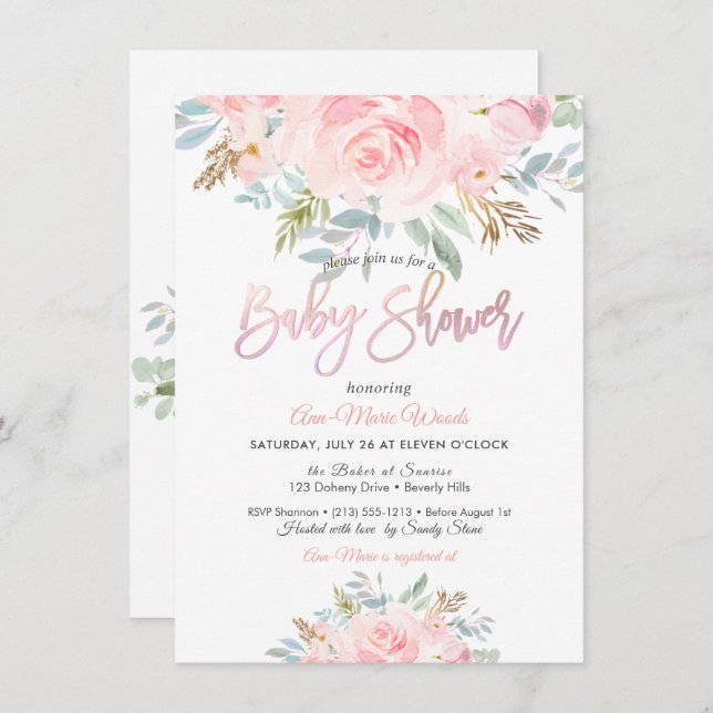 Invitation Baby shower PixDezines Aquarelle rose Roses (Devant / Derrière)