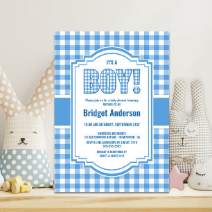 Invitation Baby shower Plaid Buffalo Bleu et Blanc