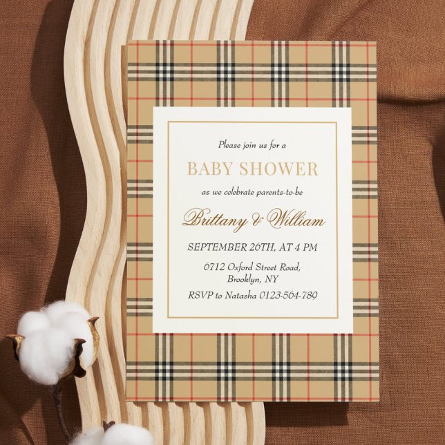 Invitation Baby shower Plaid Chèque Beige (Créateur téléchargé)