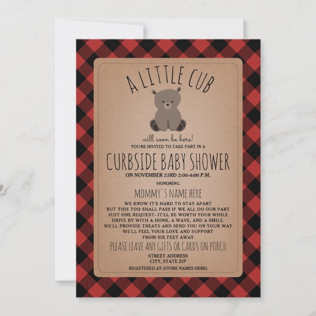 Invitation Baby shower Plaid Curbside Ours de détresse social (Devant)