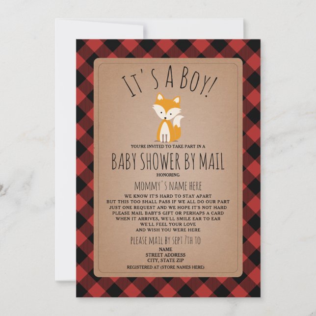 Invitation Baby shower Plaid Par Mail Social Distances Fox (Devant)