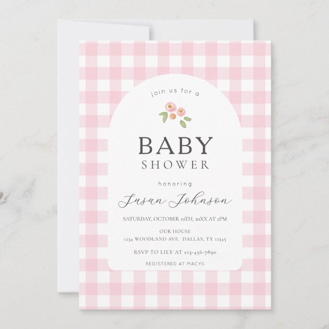 Invitation Baby shower Plaid pour le contrôle du bison rose e (Devant)