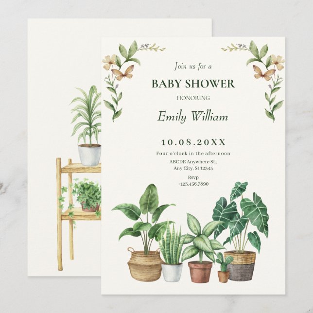 Invitation Baby shower plante de jardinage d'aquarelle verte (Devant / Derrière)