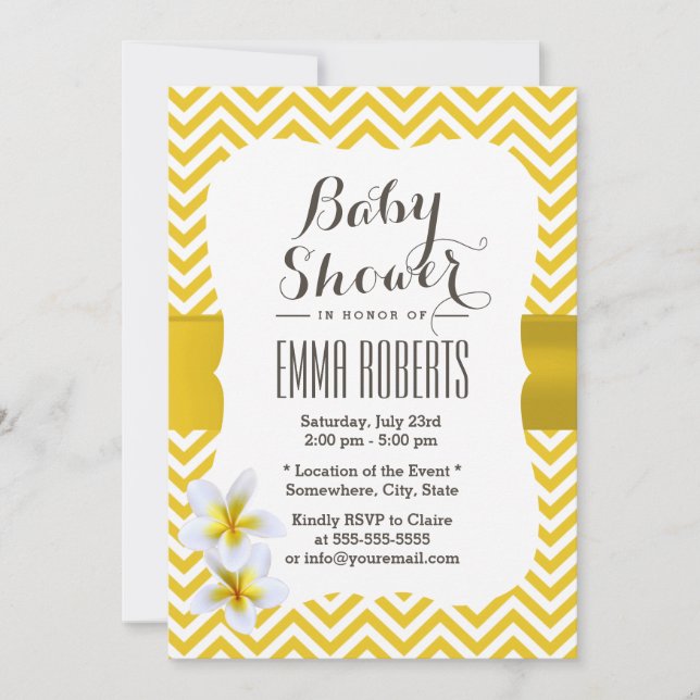 Invitation Baby shower Plumeria Jaune Classique Chevron (Devant)