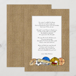 Invitation Baby shower poème merci notes, sports rustiques