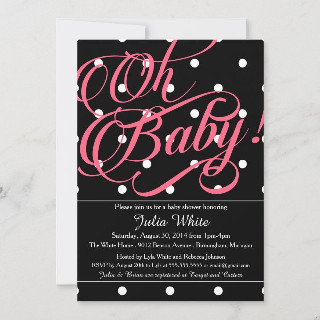 Invitation Baby shower, points noirs, blancs et roses (Devant)