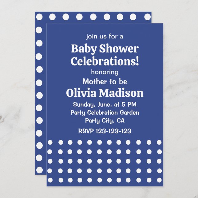 Invitation Baby shower Pois bleu blanc (Devant / Derrière)