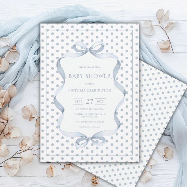 Invitation Baby Shower Pois Bleu Ruban (Créateur téléchargé)