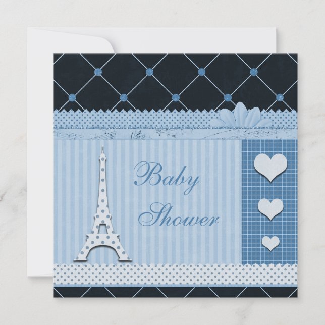 Invitation Baby shower Pois bleu Tour Eiffel (Devant)