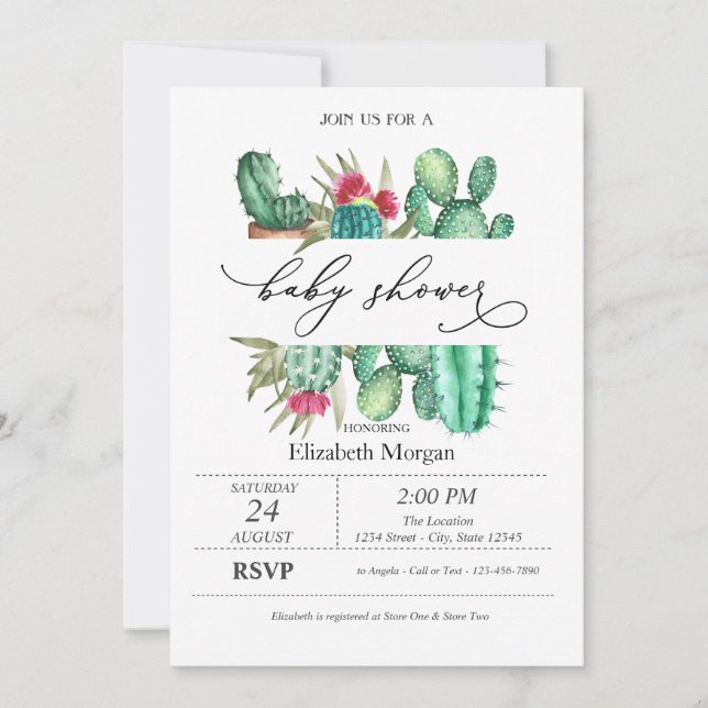 Invitation Baby shower Pois Cactus aquarelle (Devant)