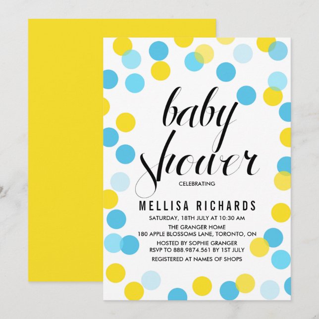Invitation Baby shower Pois Confetti Jaune et Bleu (Devant / Derrière)