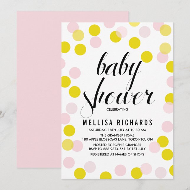 Invitation Baby shower Pois Confetti rose et jaune (Devant / Derrière)