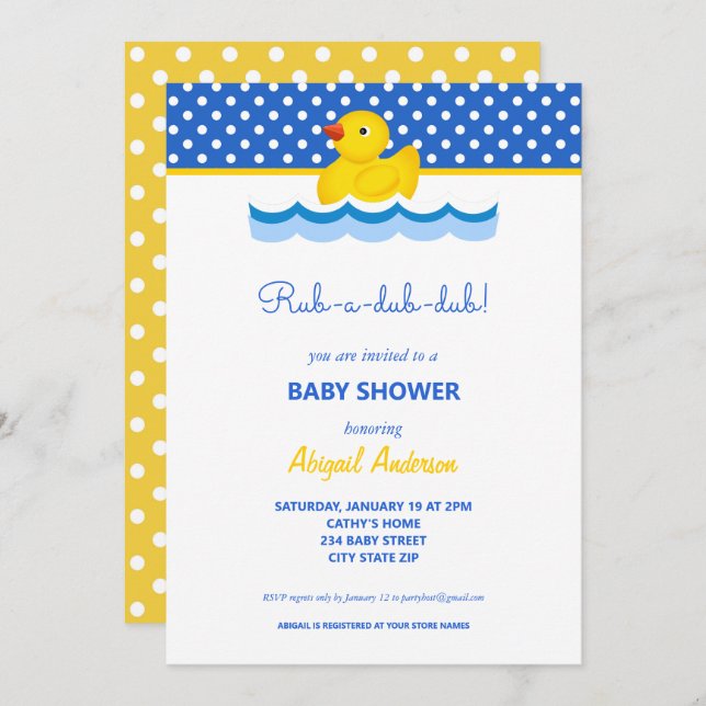 Invitation Baby shower Pois de canard jaune et bleu Invita (Devant / Derrière)