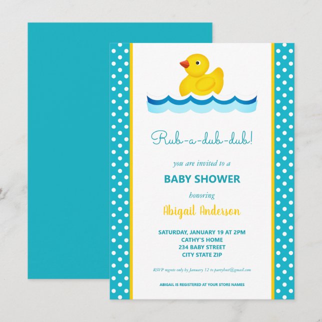 Invitation Baby shower Pois de canard jaune et bleu Invita (Devant / Derrière)