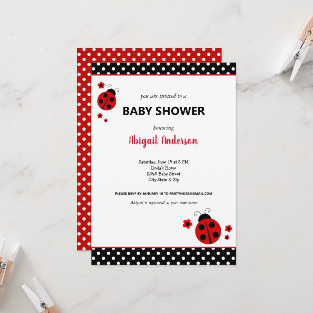 Invitation Baby shower Pois de Ladybug (Devant/Arrière en situation)