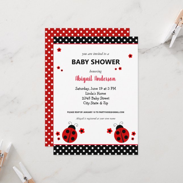 Invitation Baby shower Pois de Ladybug (Devant/Arrière en situation)