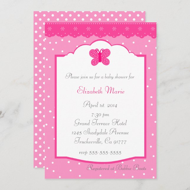 Invitation Baby shower Pois et papillon (Devant / Derrière)