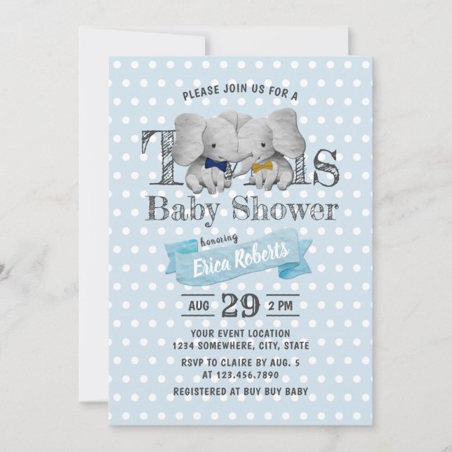 Invitation Baby shower Pois Twins Boy Elephant Blue (Devant)
