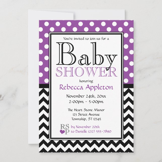 Invitation Baby shower Polka Dot Purple & Chevron (Devant)