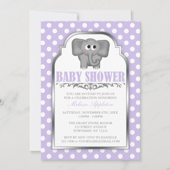 Invitation Baby shower Polka Dot Purple Eléphant (Devant)