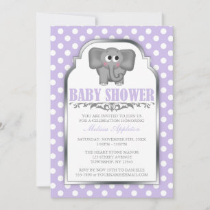 Invitation Baby shower Polka Dot Purple Eléphant