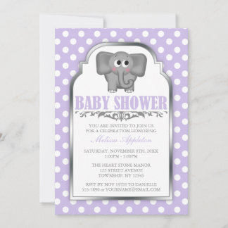Invitation Baby shower Polka Dot Purple Eléphant