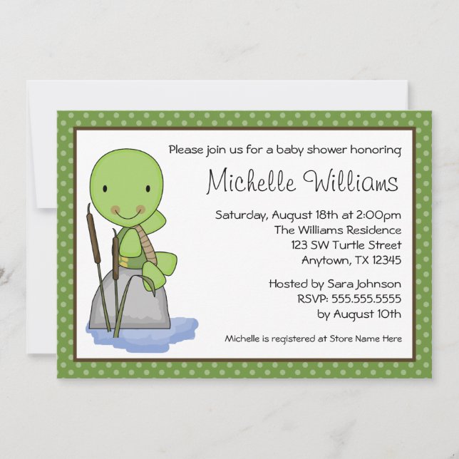 Invitation Baby shower Polka Dot Vert Turtle (Devant)
