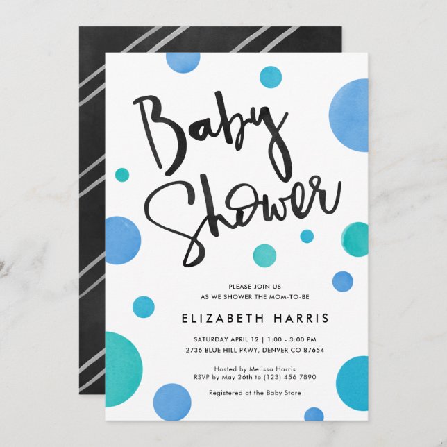 Invitation Baby shower Polka moderne bleu clair (Devant / Derrière)