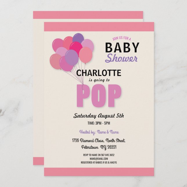 Invitation Baby shower POP Balloon rose Fille saupoudrer s (Devant / Derrière)