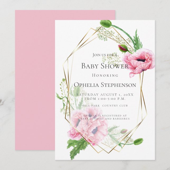 Invitation Baby shower | Poppies roses (Devant / Derrière)