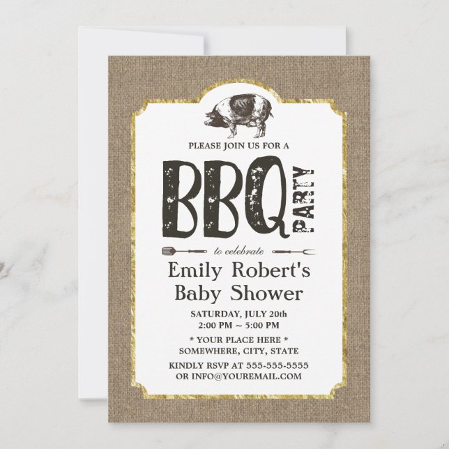 Invitation Baby shower Porc Roast BBQ Rustique Burlap (Devant)