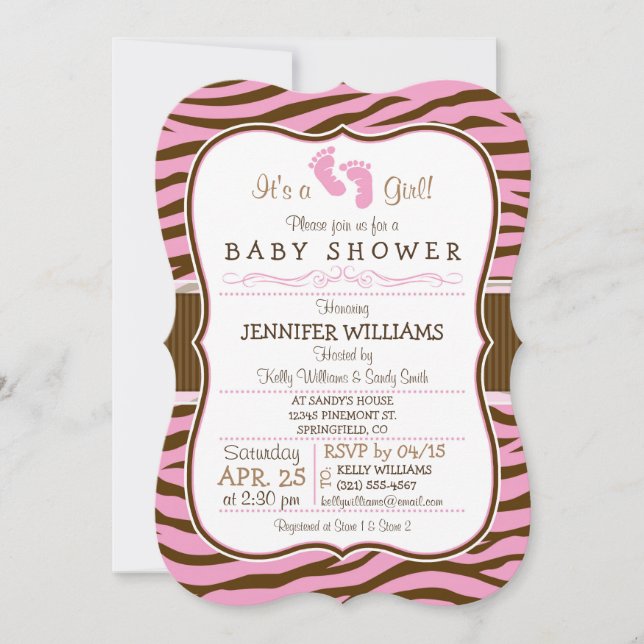 Invitation Baby shower Poster de animal Brown, Pink Zebra Str (Devant)