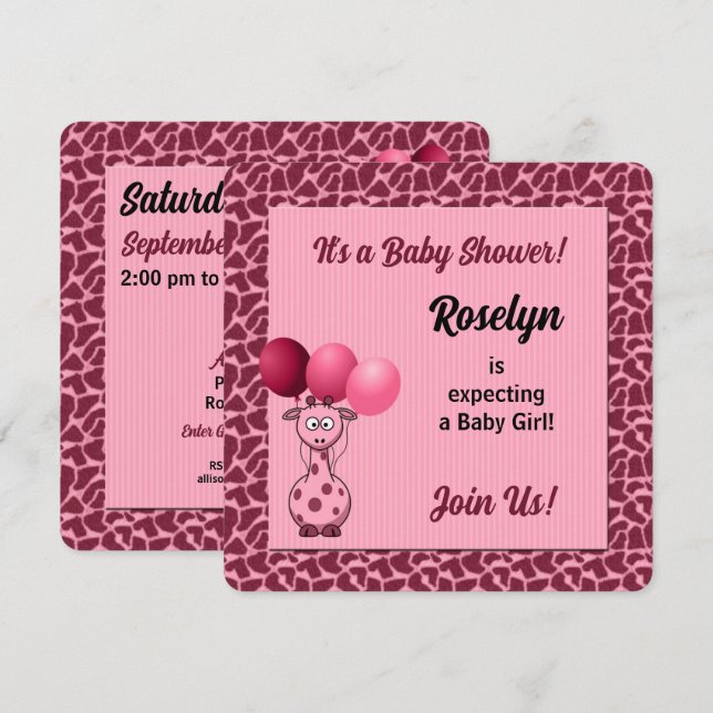 Invitation Baby shower Poster de animal de Giraffe rose (Devant / Derrière)