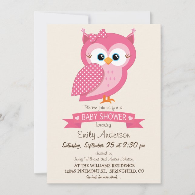 Invitation Baby shower Pot Owl rose et blanc (Devant)