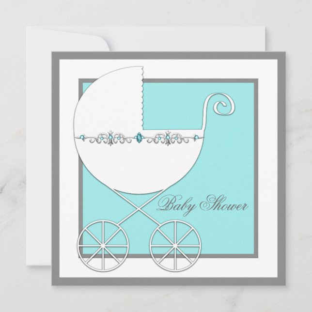 Invitation Baby-Shower pour Bébé avec Carrosse Bleu Sarcelle (Devant)