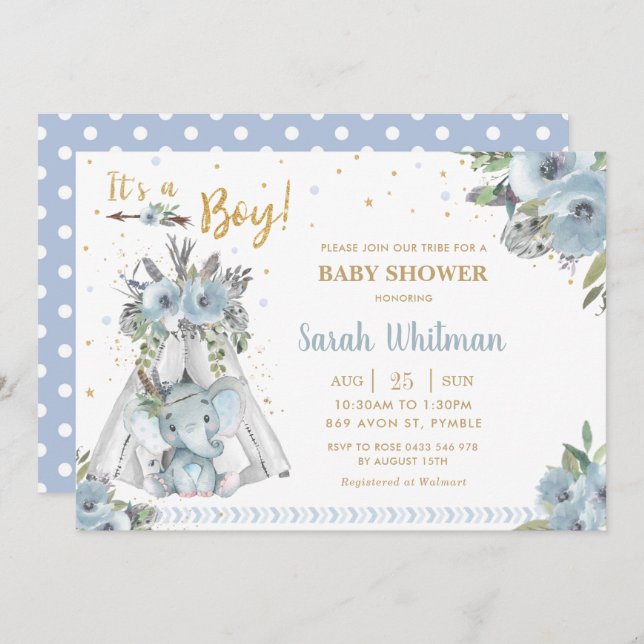 Invitation Baby shower pour bébé bleu bleu bleu de Cute Eleph (Devant / Derrière)