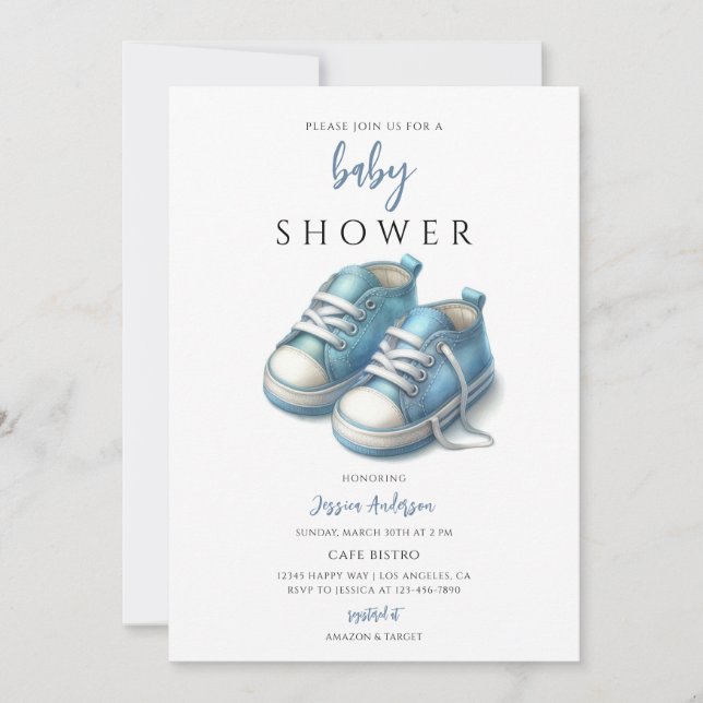 Invitation Baby-Shower pour Bébé Garçon avec des Bottines Ble (Devant)