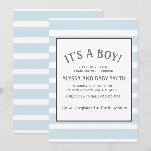 Invitation Baby shower pour bébé garçon rayé bleu bébé (Devant / Derrière)