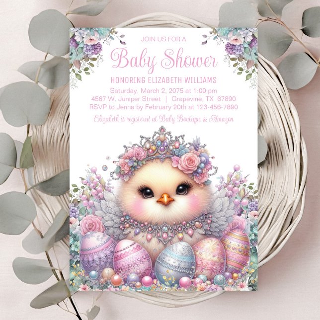Invitation Baby Shower pour Bébé Poussin de Pâques (Sweet baby chick with pretty pastel jewels & eggs. )